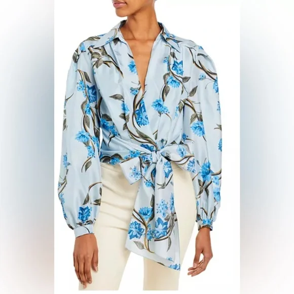Alberta Ferretti White and Blue Wrap Blouse with Notched Collar